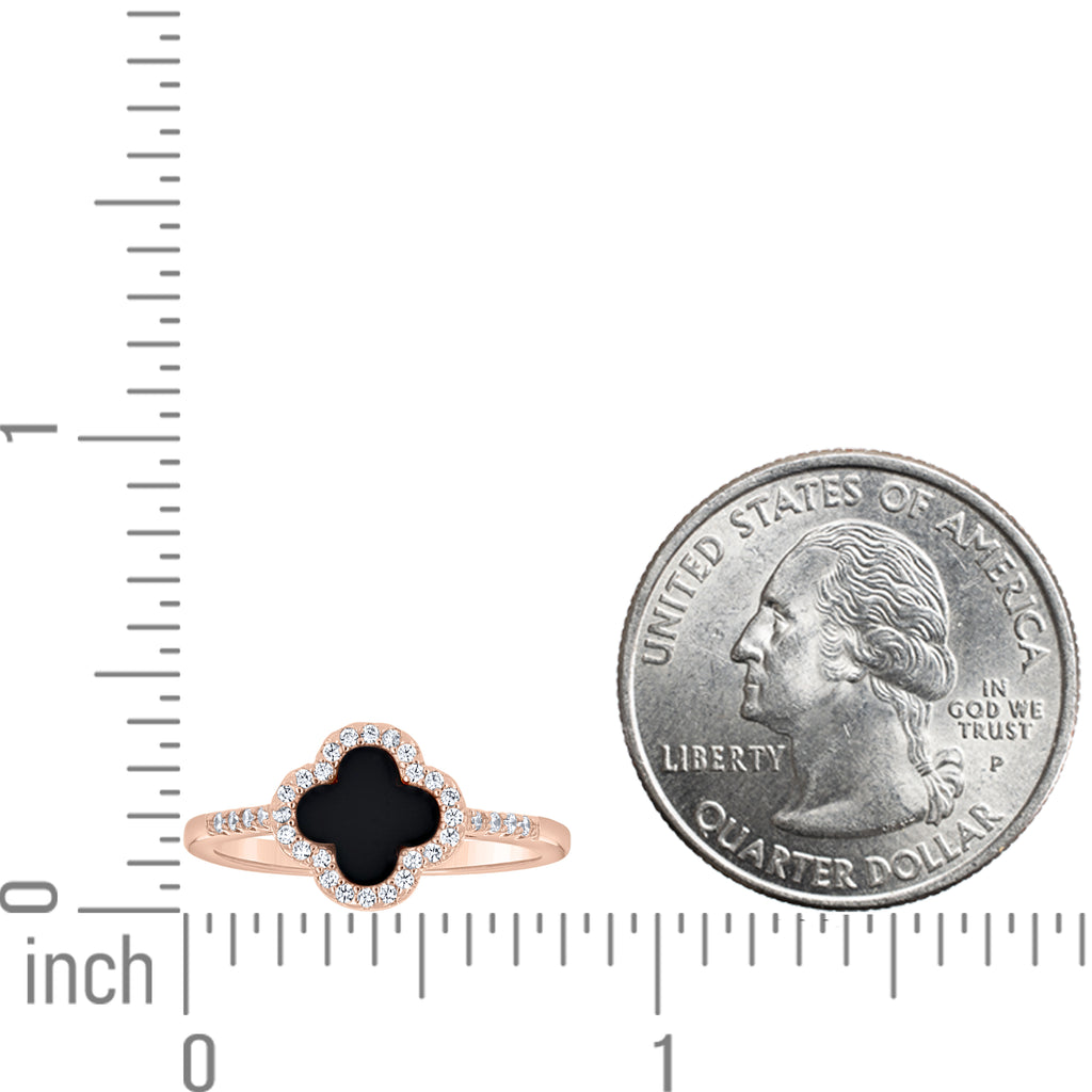 925 Sterling Silver Rose-Tone Womens Cubic-Zirconia Black Enameled Clover Good Luck Ring Size 10
