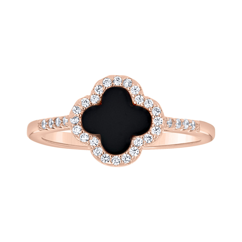 925 Sterling Silver Rose-Tone Womens Cubic-Zirconia Black Enameled Clover Good Luck Ring Size 9