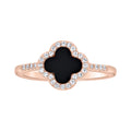 925 Sterling Silver Rose-Tone Womens Cubic-Zirconia Black Enameled Clover Good Luck Ring Size 9