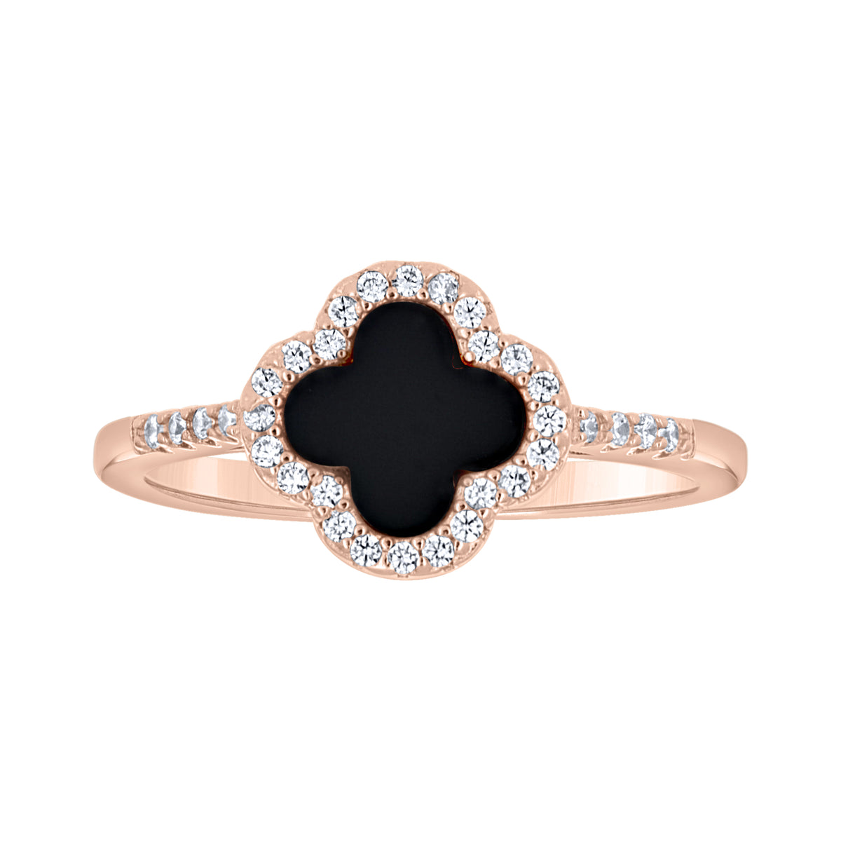 925 Sterling Silver Rose-Tone Womens Cubic-Zirconia Black Enameled Clover Good Luck Ring Size 8
