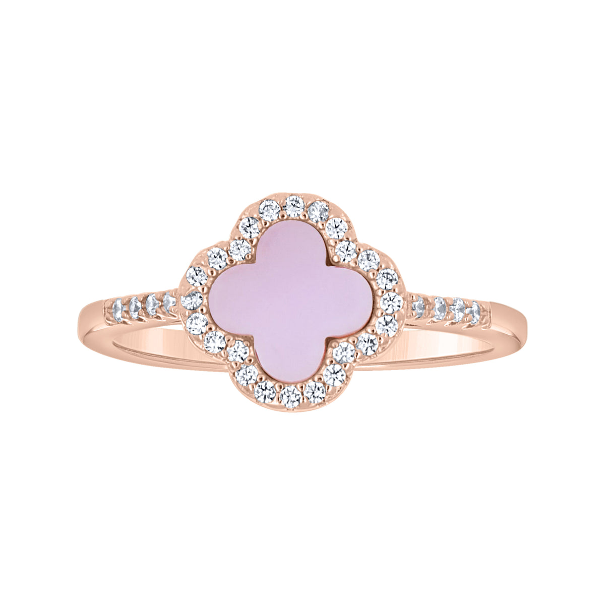 925 Sterling Silver Rose-Tone Womens Cubic-Zirconia Pink Enameled Clover Good Luck Ring Size 6