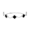 925 Sterling Silver Womens Cubic-Zirconia Black Enameled Clover Bracelet Size 8 Inches