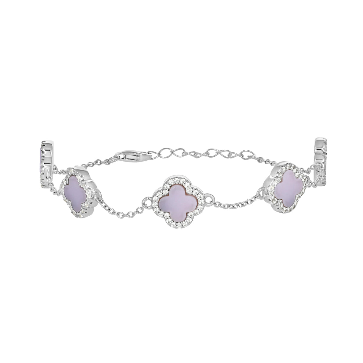 925 Sterling Silver Womens Cubic-Zirconia Purple Enameled Clover Bracelet Size 8 Inches