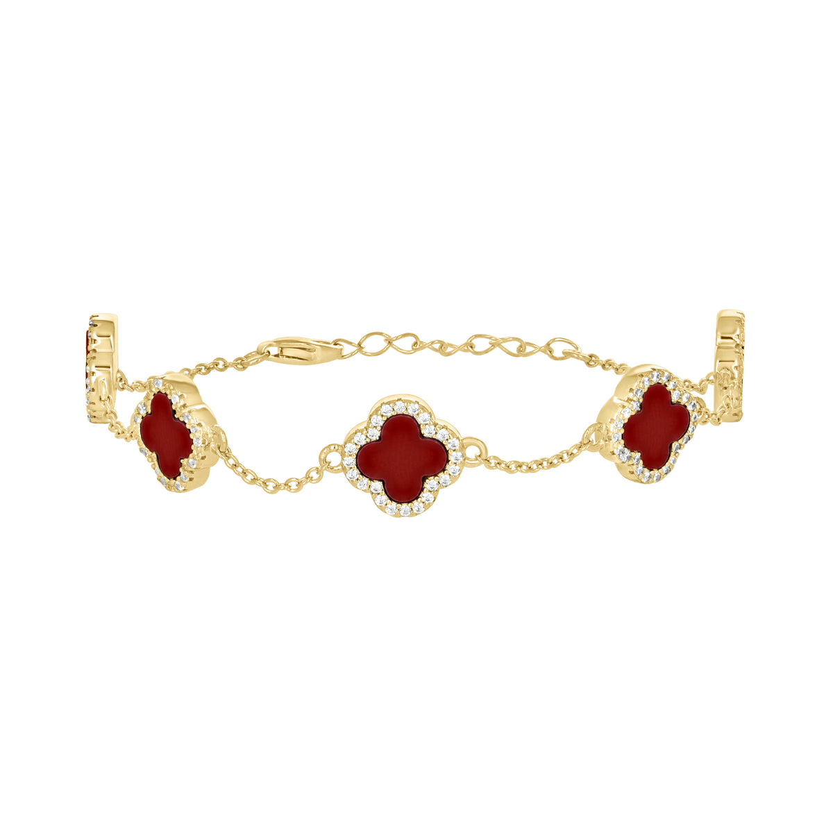 925 Sterling Silver Yellow-Tone Womens Cubic-Zirconia Red Enameled Clover Bracelet Size 8 Inches