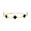 925 Sterling Silver Yellow-Tone Womens Cubic-Zirconia Black Enameled Clover Bracelet Size 8 Inches