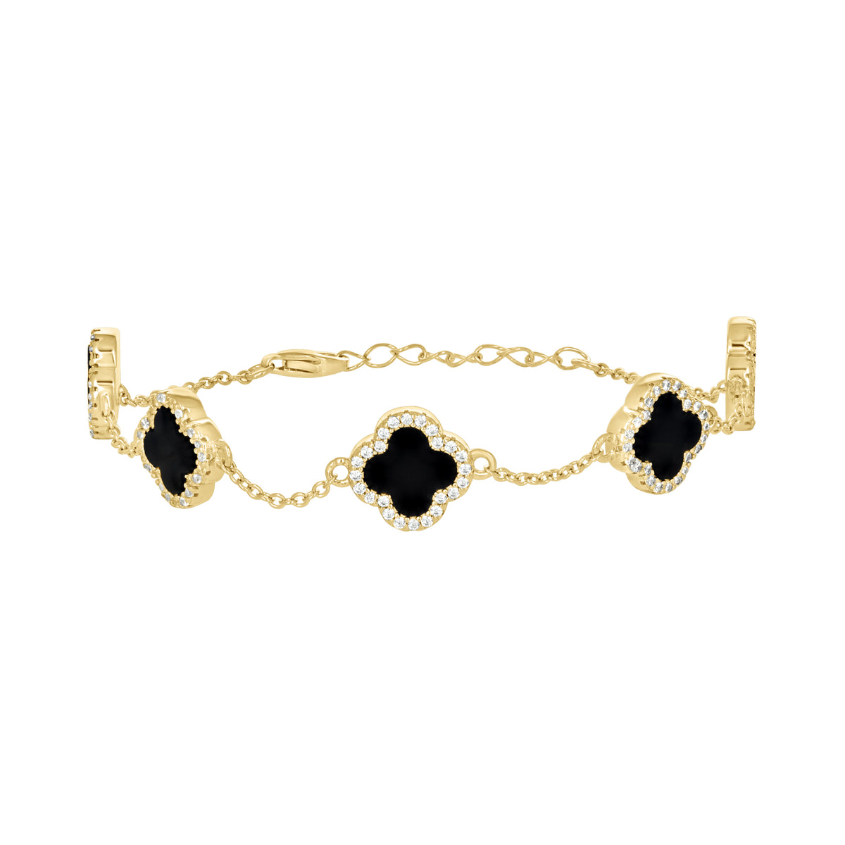 925 Sterling Silver Yellow-Tone Womens Cubic-Zirconia Black Enameled Clover Bracelet Size 8 Inches