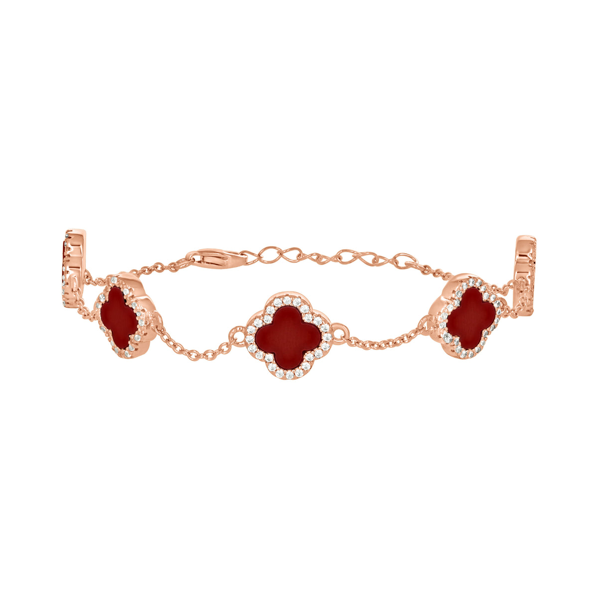 925 Sterling Silver Rose-Tone Womens Cubic-Zirconia Red Enameled Clover Bracelet Size 8 Inches