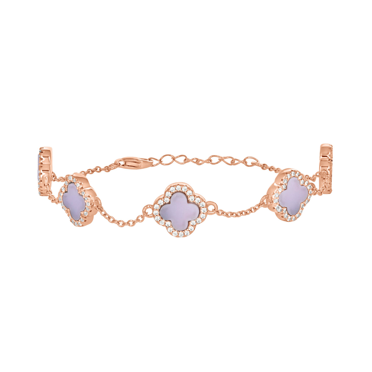 925 Sterling Silver Rose-Tone Womens Cubic-Zirconia Purple Enameled Clover Bracelet Size 8 Inches