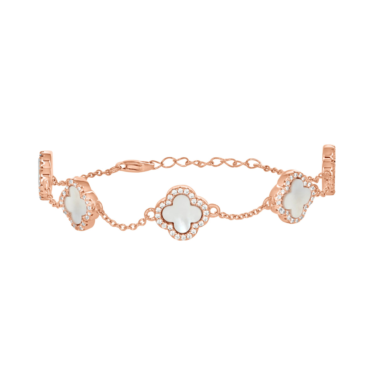 925 Sterling Silver Rose-Tone Womens Cubic-Zirconia White Enameled Clover Bracelet Size 8 Inches