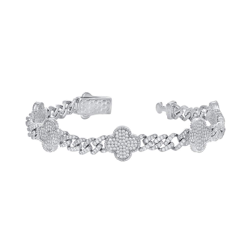 925 Sterling Silver Womens Cubic-Zirconia Clover Good Luck Bracelet Size 7 Inches