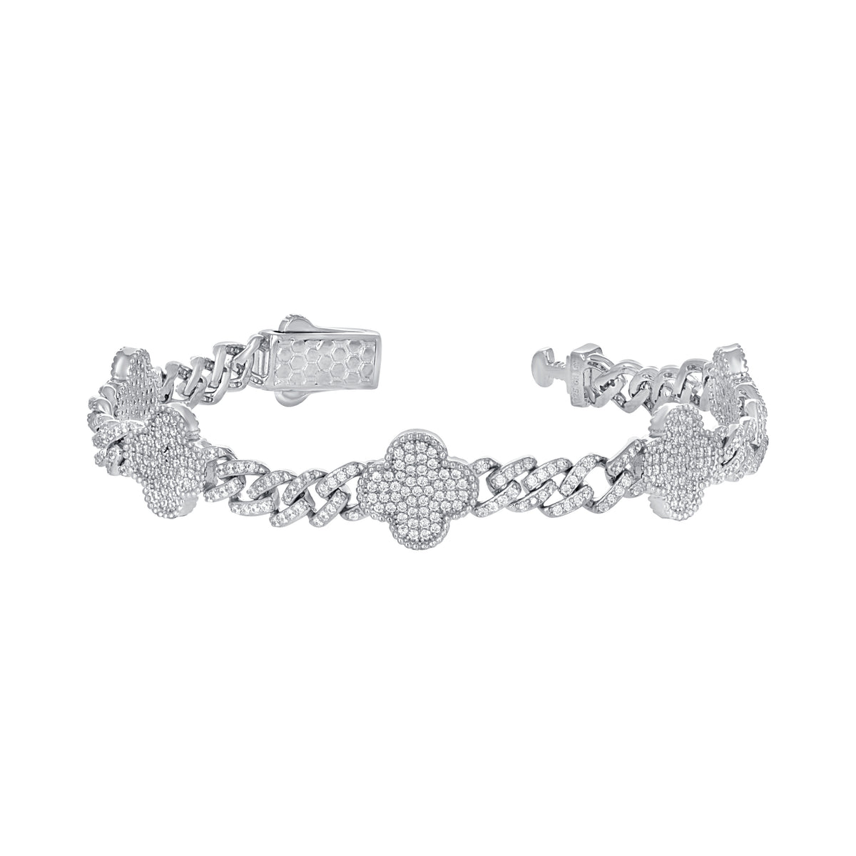 925 Sterling Silver Womens Cubic-Zirconia Clover Good Luck Bracelet Size 7 Inches