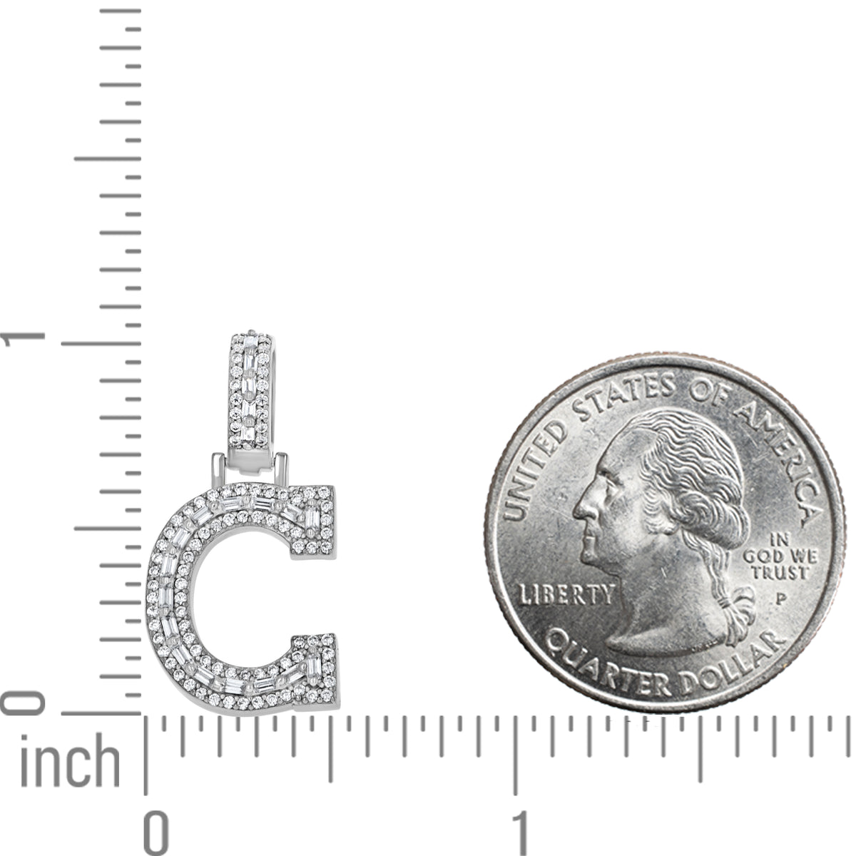 925 Sterling Silver Unisex Round Baguette Cubic Zirconia Initial Letter C Charm Pendant