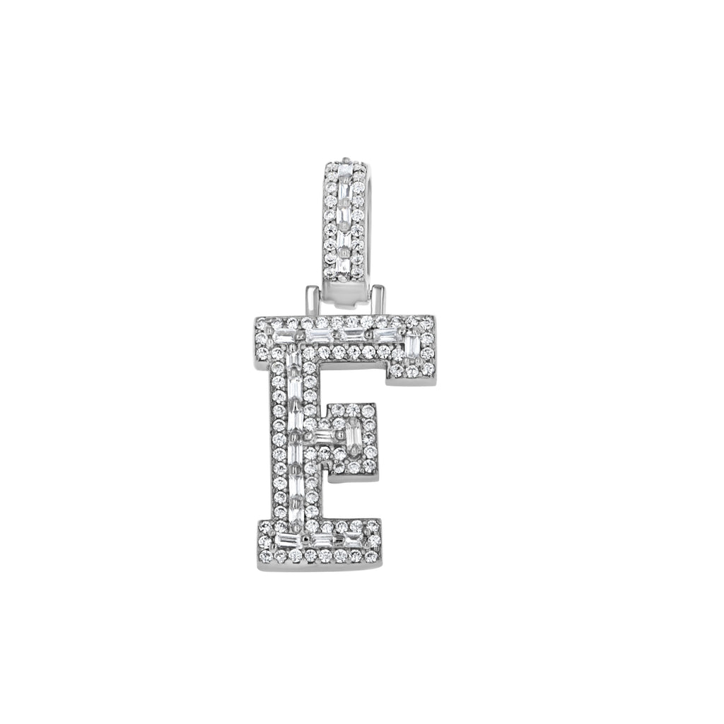 925 Sterling Silver Unisex Round Baguette Cubic Zirconia Initial Letter F Charm Pendant
