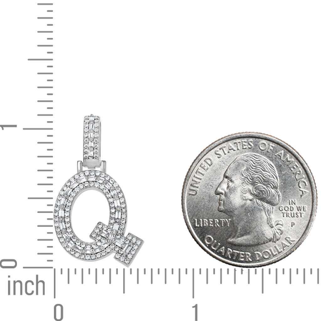 925 Sterling Silver Unisex Round Baguette Cubic Zirconia Initial Letter Q Charm Pendant