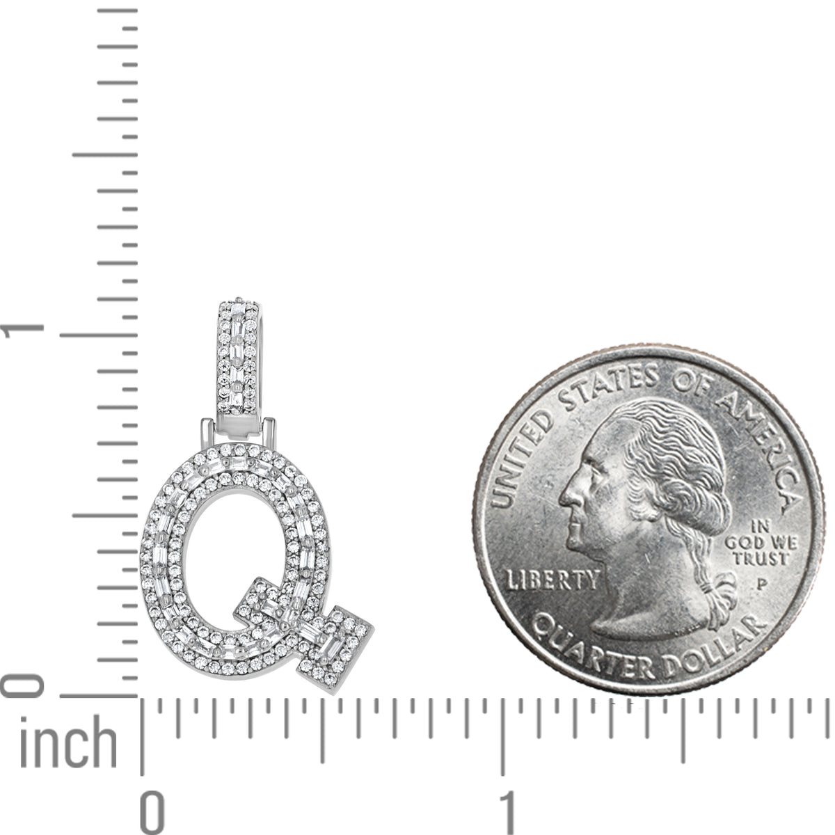 925 Sterling Silver Unisex Round Baguette Cubic Zirconia Initial Letter Q Charm Pendant