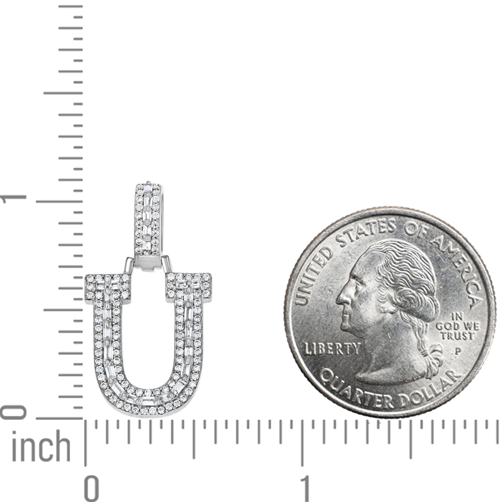 925 Sterling Silver Unisex Round Baguette Cubic Zirconia Initial Letter U Charm Pendant