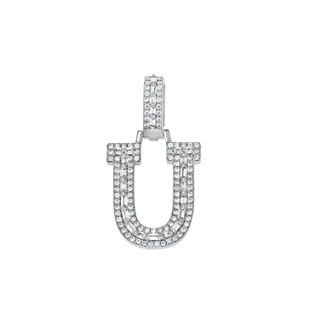 925 Sterling Silver Unisex Round Baguette Cubic Zirconia Initial Letter U Charm Pendant
