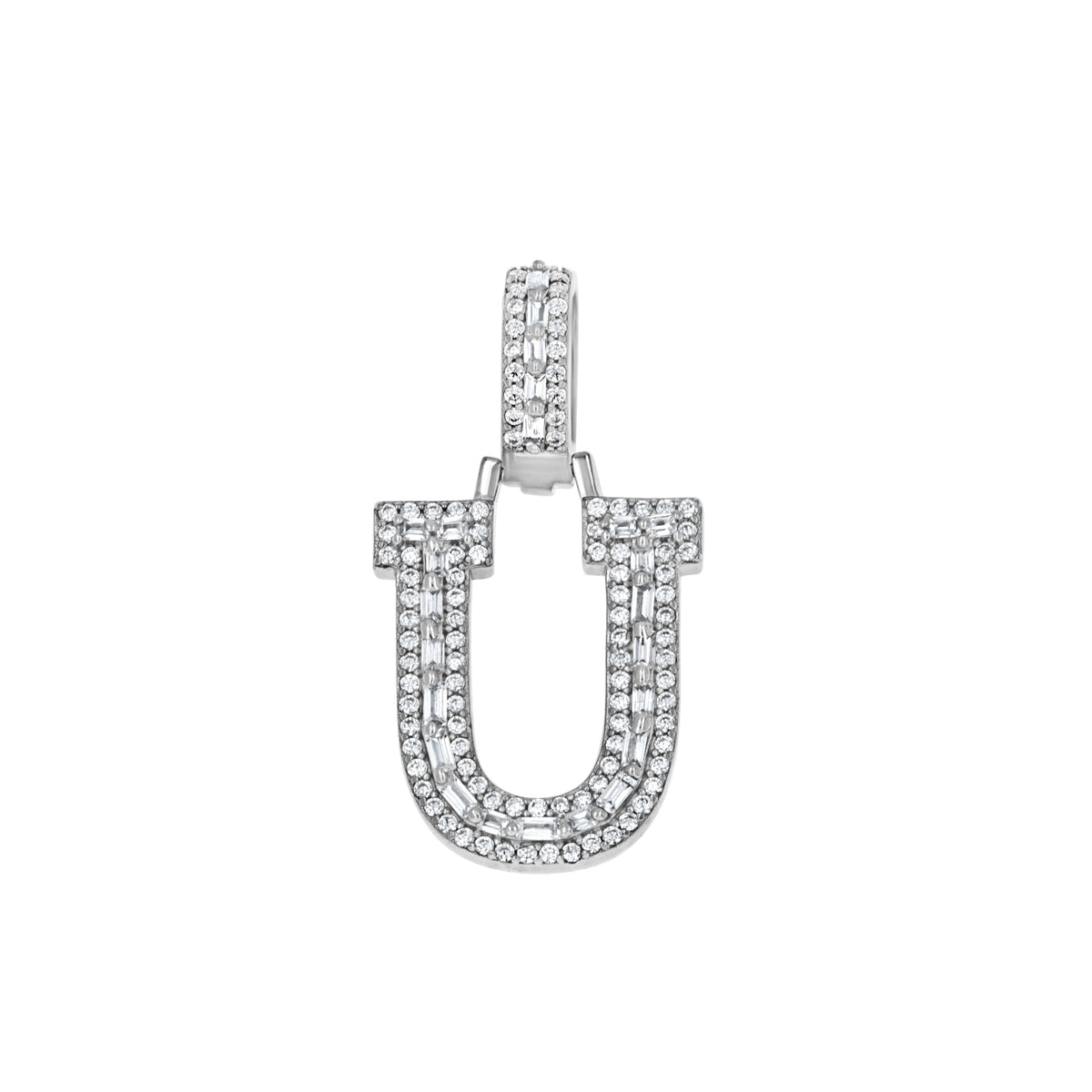 925 Sterling Silver Unisex Round Baguette Cubic Zirconia Initial Letter U Charm Pendant