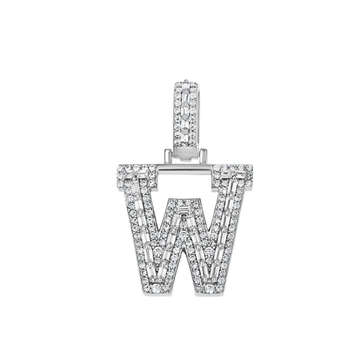 925 Sterling Silver Unisex Round Baguette Cubic Zirconia Initial Letter W Charm Pendant