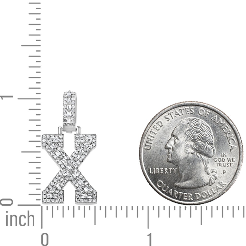 925 Sterling Silver Unisex Round Baguette Cubic Zirconia Initial Letter X Charm Pendant