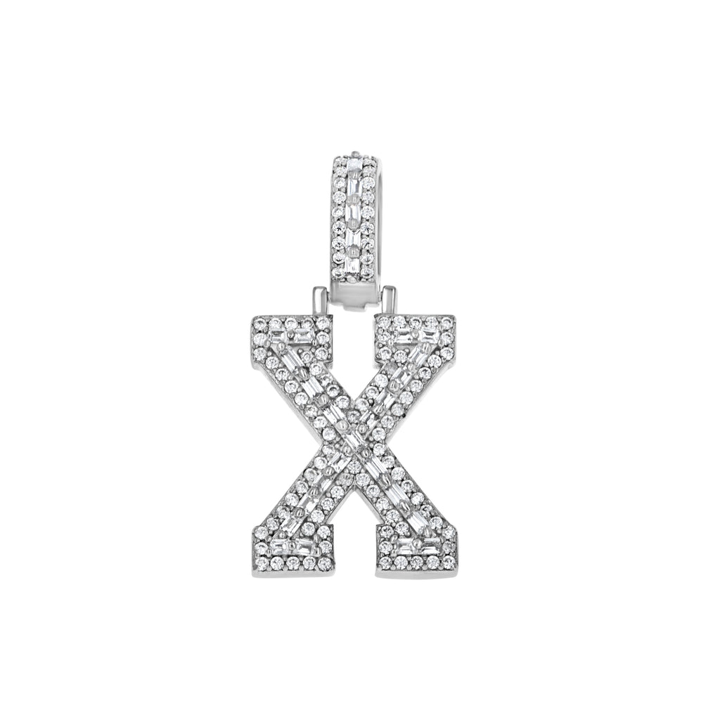 925 Sterling Silver Unisex Round Baguette Cubic Zirconia Initial Letter X Charm Pendant