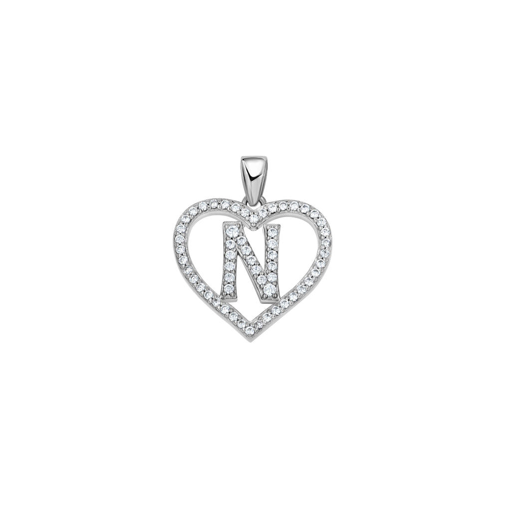 925 Sterling Silver Womens Cubic Zirconia Initial Letter N Heart Charm Pendant