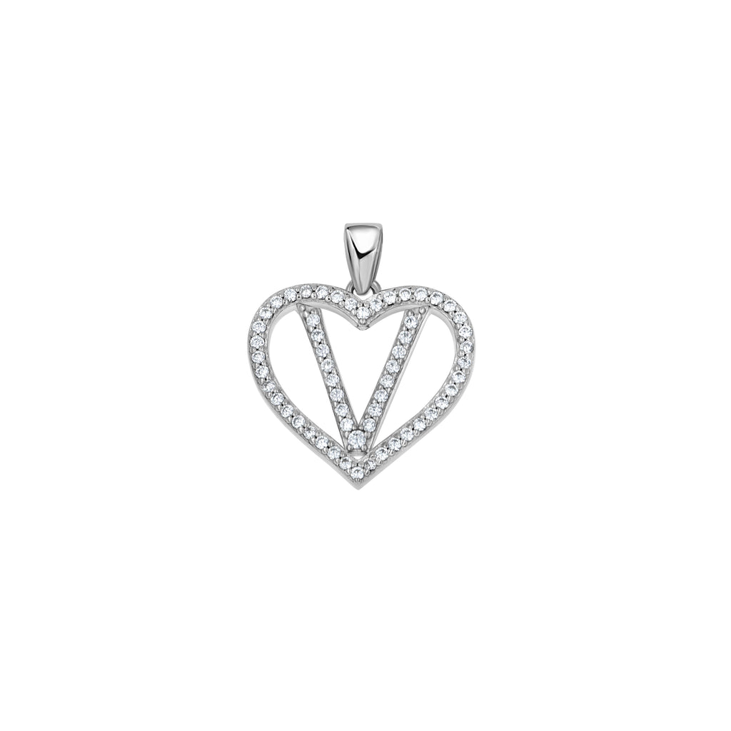 925 Sterling Silver Womens Cubic Zirconia Initial Letter V Heart Charm Pendant