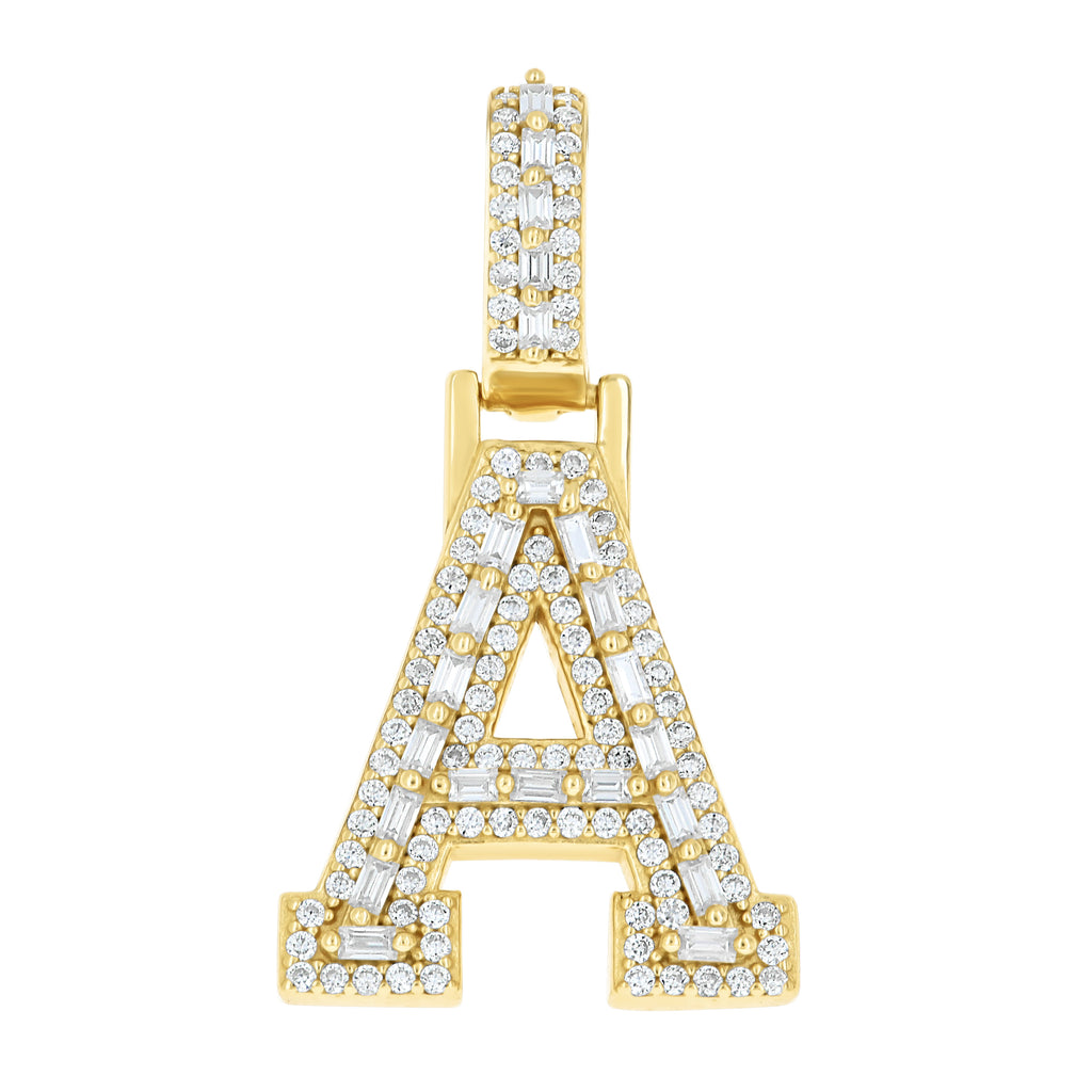 925 Sterling Silver Yellow-Tone Unisex Baguette Round 0.41ct, 0.46ct Moissanite Initial Alphabet A Charm Pendant