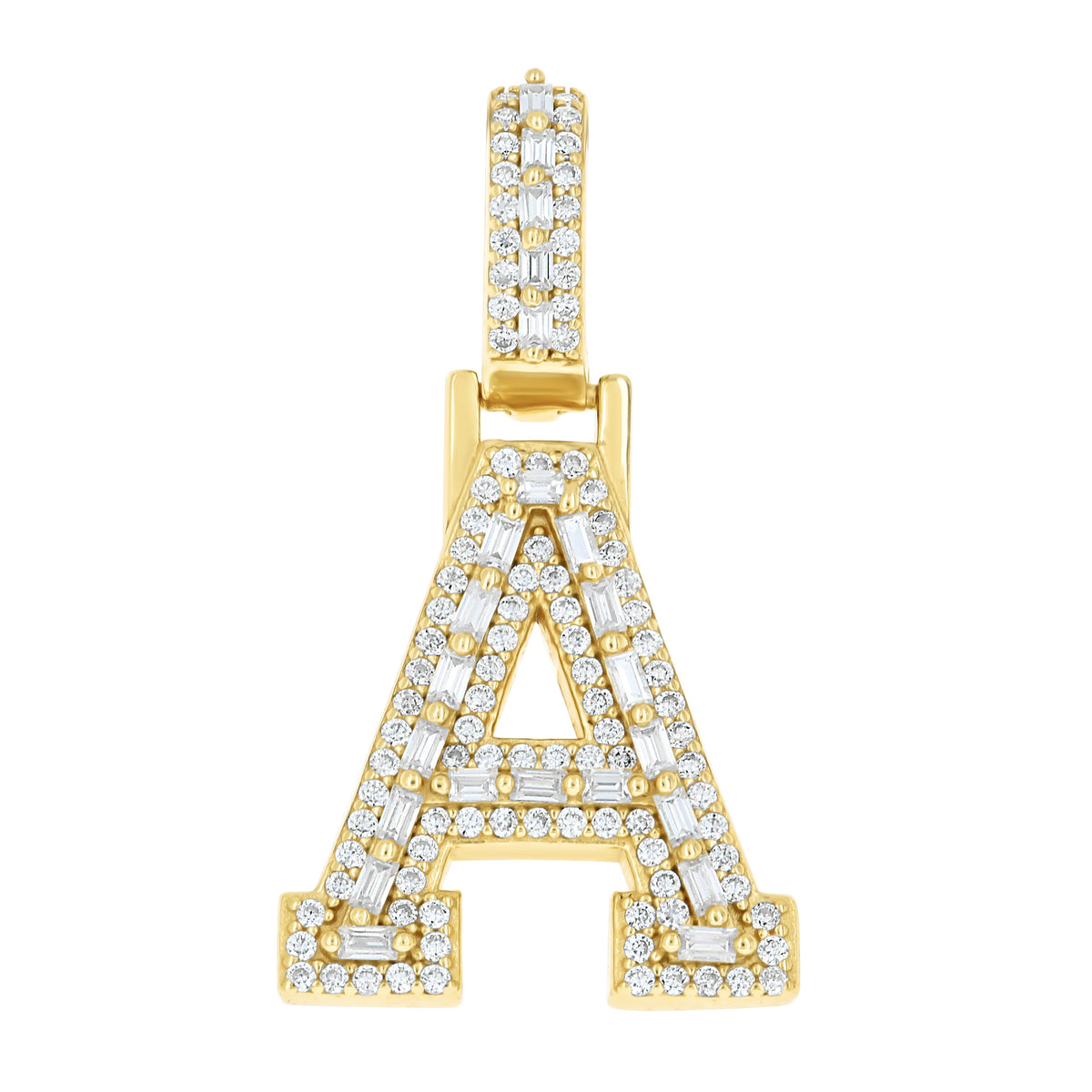 925 Sterling Silver Yellow-Tone Unisex Baguette Round 0.41ct, 0.46ct Moissanite Initial Alphabet A Charm Pendant