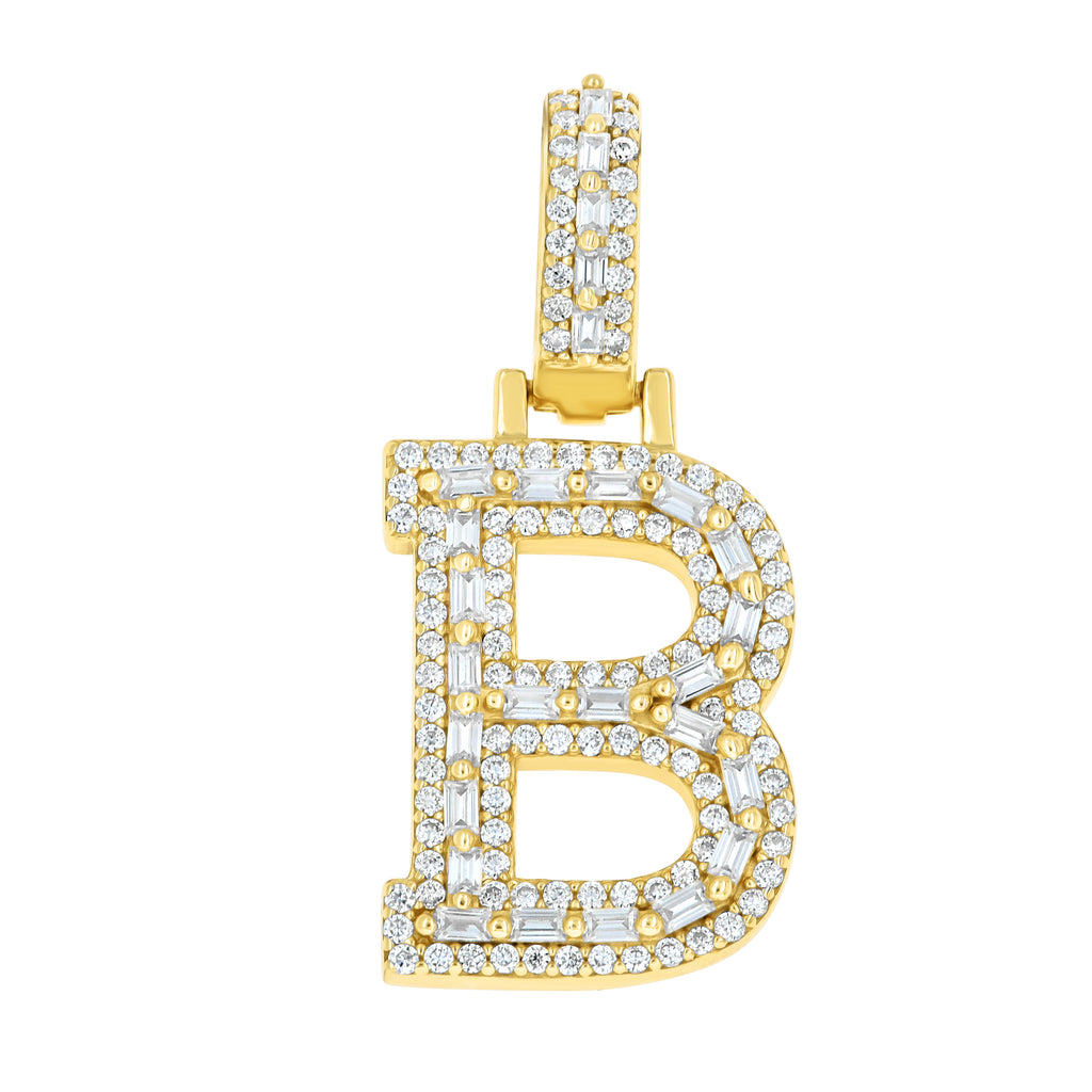 925 Sterling Silver Yellow-Tone Unisex Baguette Round 0.47ct, 0.54ct Moissanite Initial Alphabet B Charm Pendant