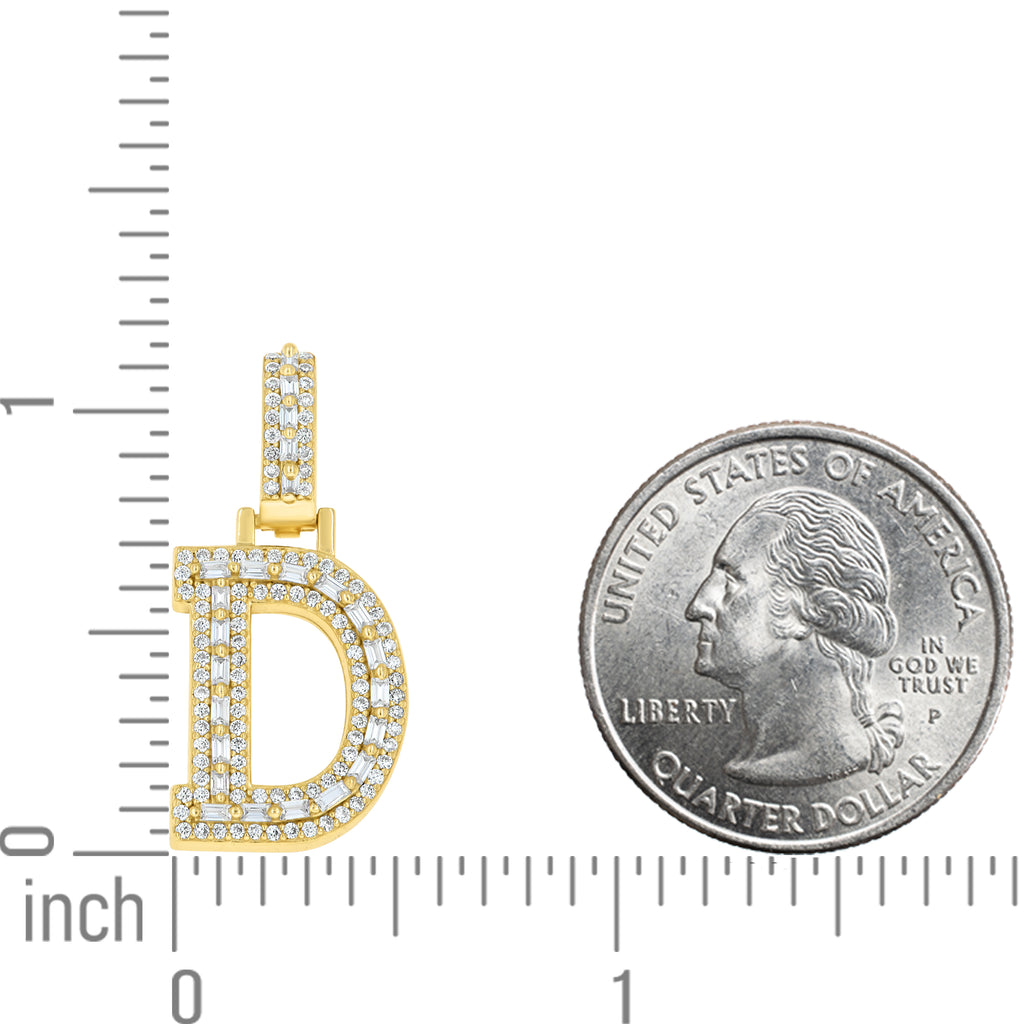 925 Sterling Silver Yellow-Tone Unisex Baguette Round 0.42ct, 0.48ct Moissanite Initial Alphabet D Charm Pendant