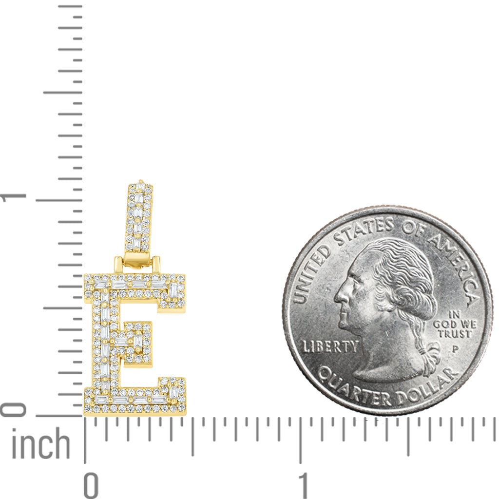 925 Sterling Silver Yellow-Tone Unisex Baguette Round 0.44ct, 0.57ct Moissanite Initial Alphabet E Charm Pendant