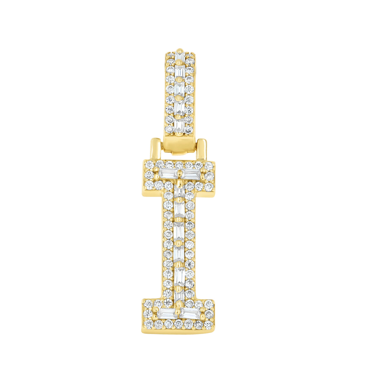 925 Sterling Silver Yellow-Tone Unisex Baguette Round 0.29ct, 0.35ct Moissanite Initial Alphabet I Charm Pendant