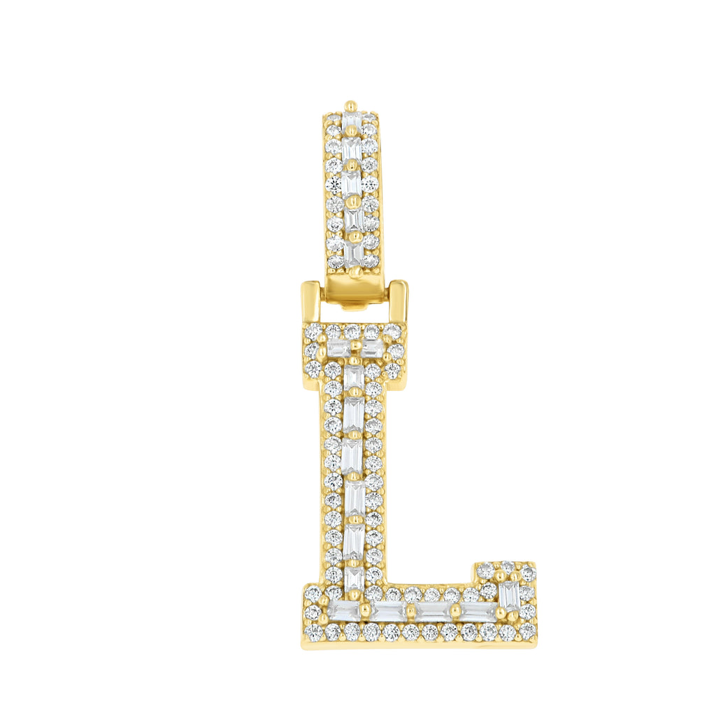 925 Sterling Silver Yellow-Tone Unisex Baguette Round 0.32ct, 0.42ct Moissanite Initial Alphabet L Charm Pendant