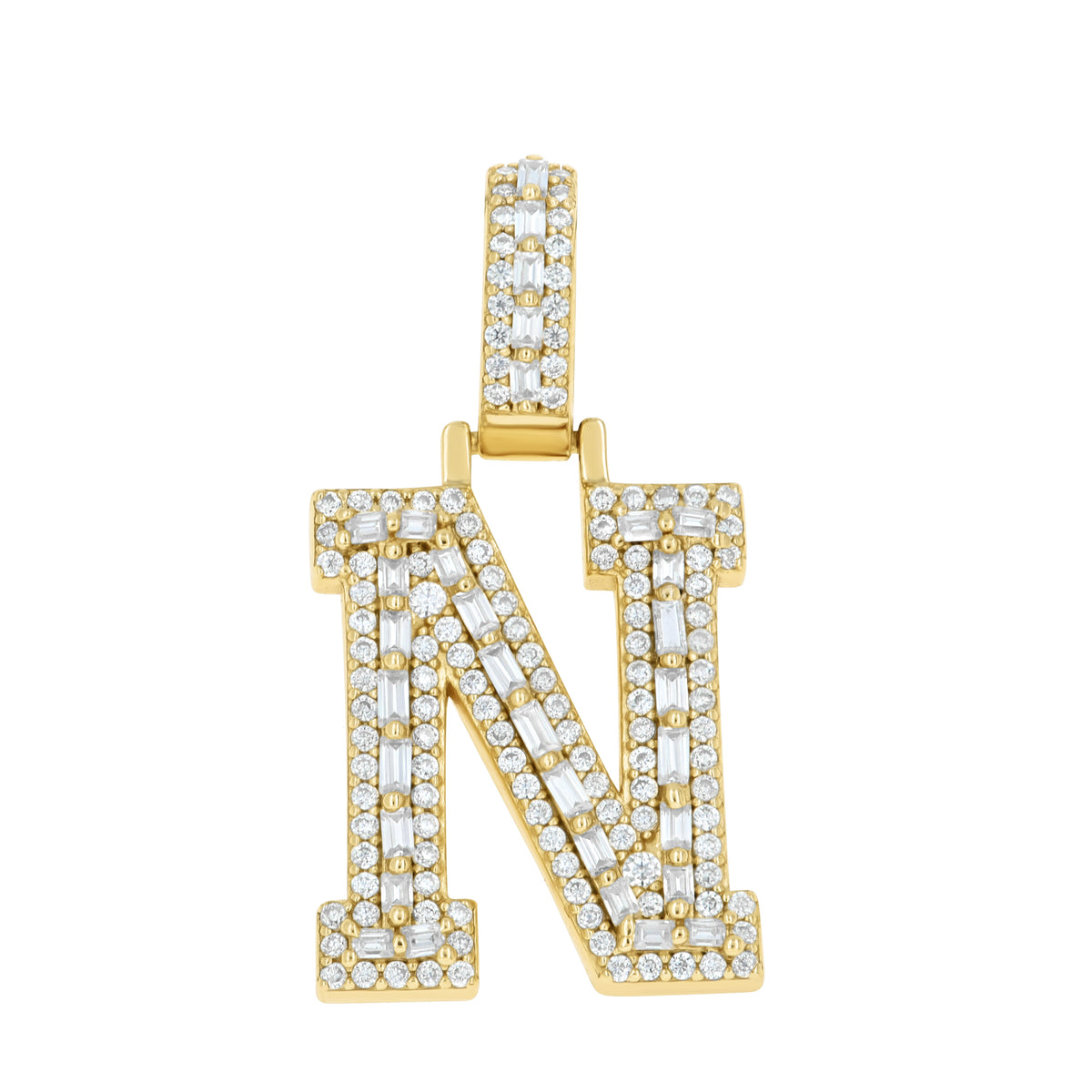 925 Sterling Silver Yellow-Tone Unisex Baguette Round 0.53ct, 0.68ct Moissanite Initial Alphabet N Charm Pendant