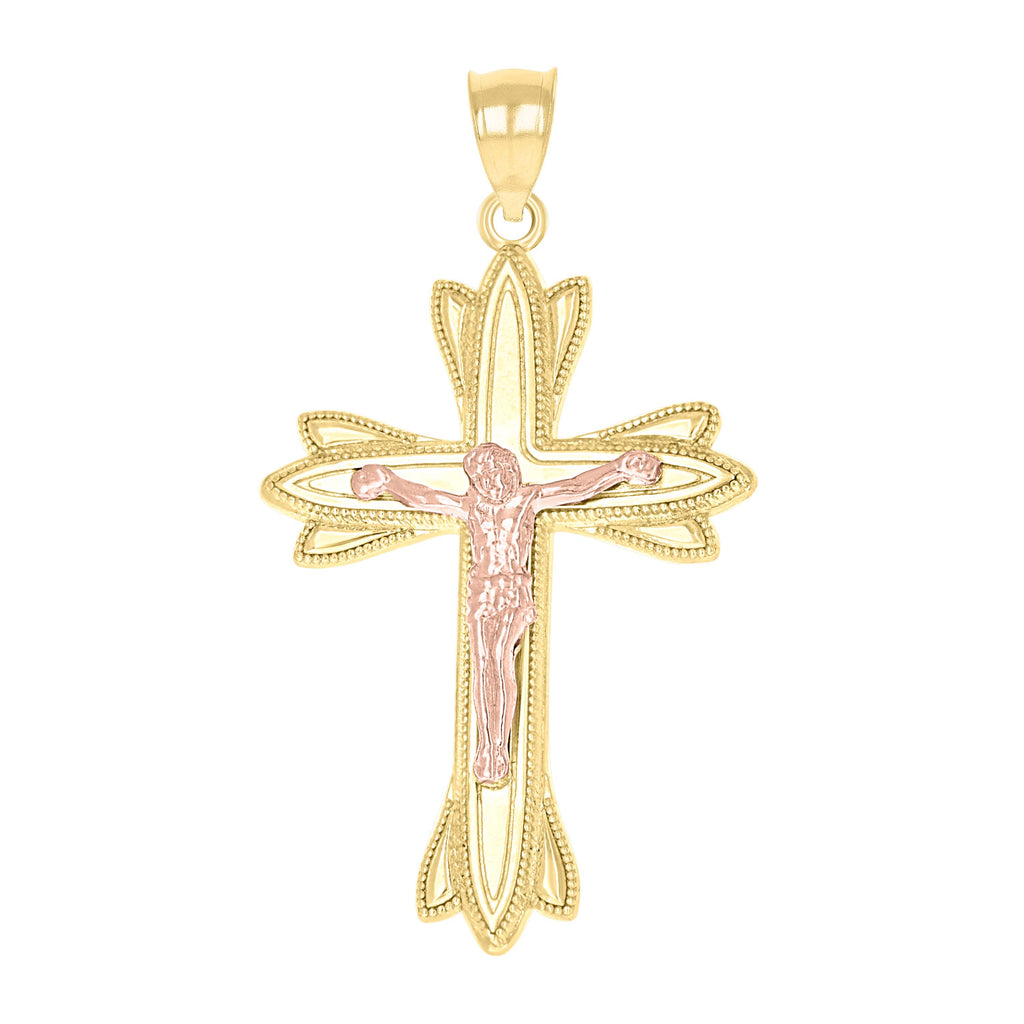 10K Two-Tone Gold Mens Textured Crucifix Cross Religious Charm Pendant