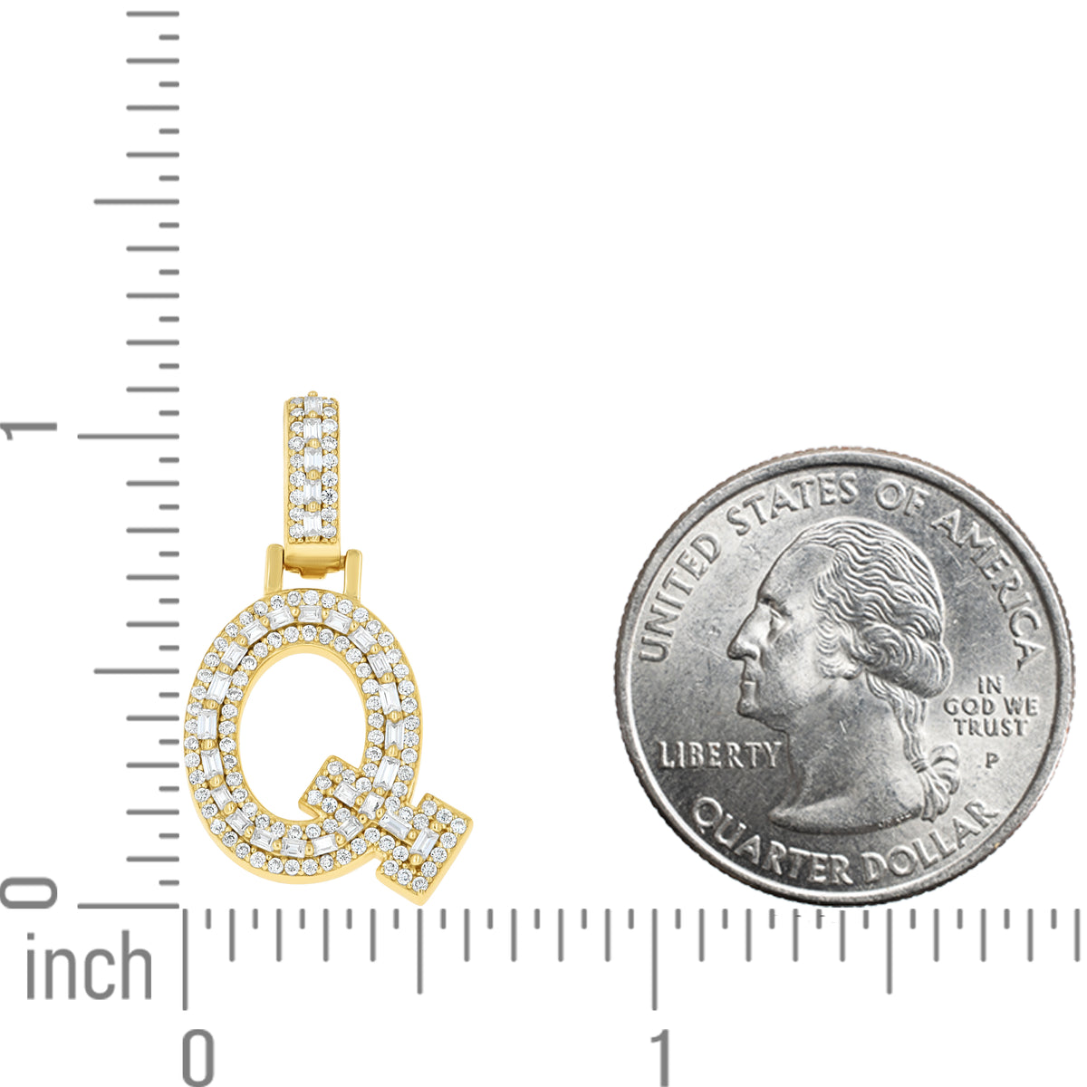 925 Sterling Silver Yellow-Tone Unisex Baguette Round 0.45ct, 0.59ct Moissanite Initial Alphabet Q Charm Pendant
