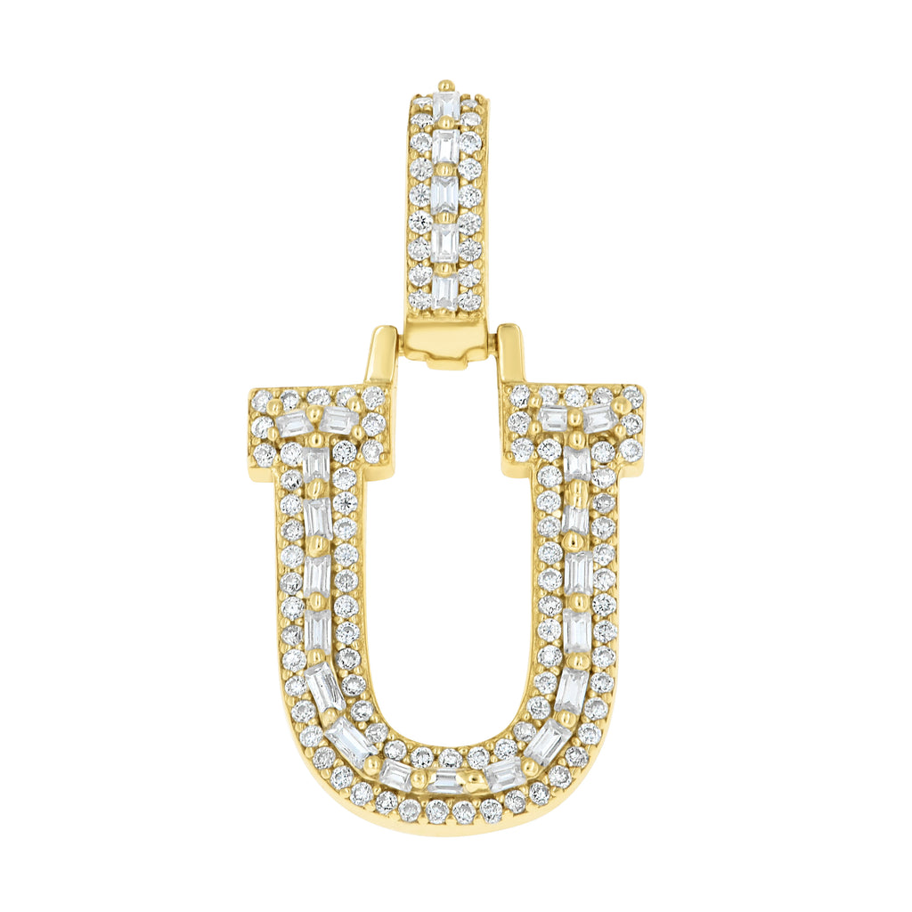 925 Sterling Silver Yellow-Tone Unisex Baguette Round 0.42ct, 0.73ct Moissanite Initial Alphabet U Charm Pendant