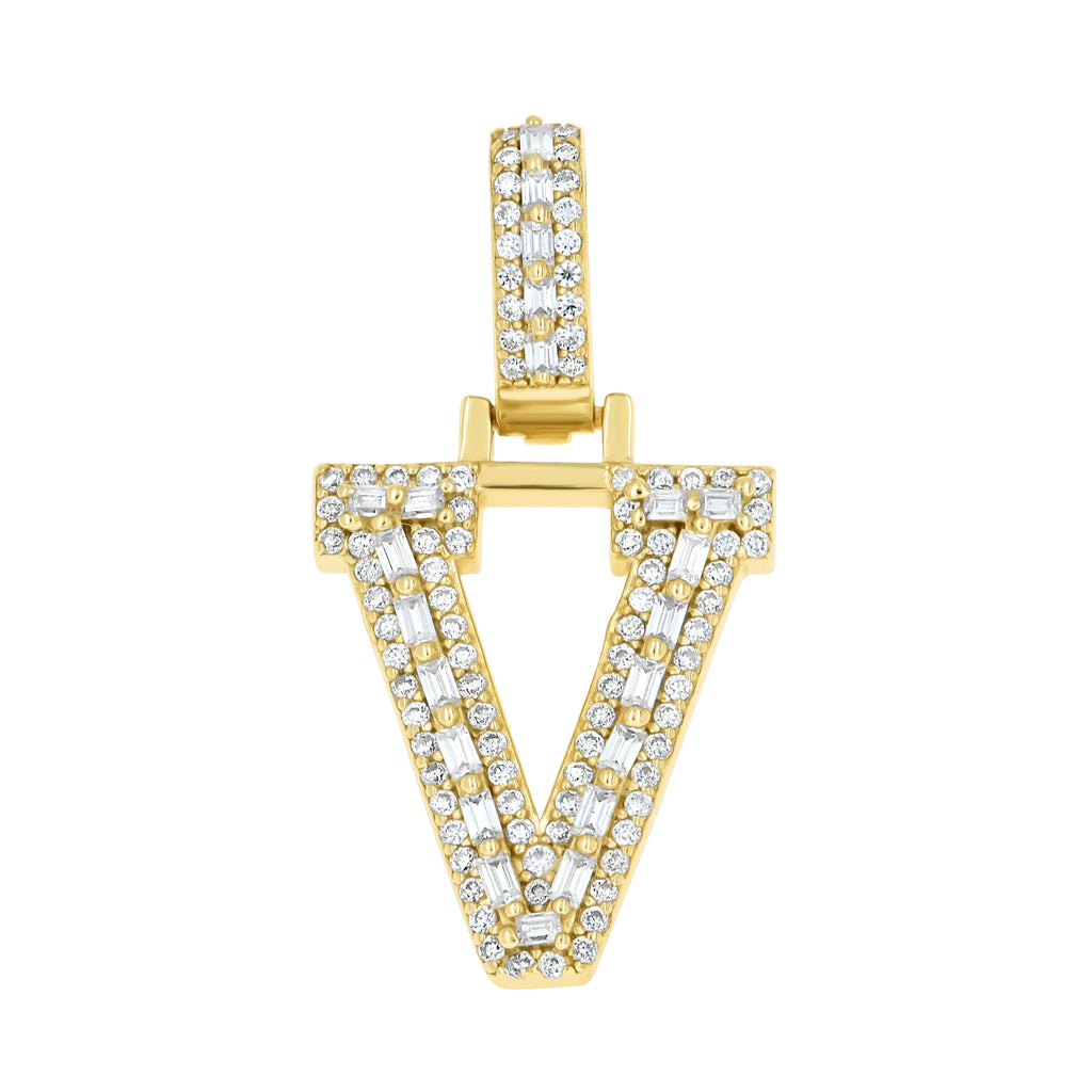 925 Sterling Silver Yellow-Tone Unisex Baguette Round 0.38ct, 0.52ct Moissanite Initial Alphabet V Charm Pendant