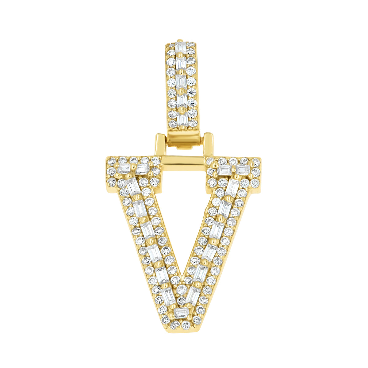925 Sterling Silver Yellow-Tone Unisex Baguette Round 0.38ct, 0.52ct Moissanite Initial Alphabet V Charm Pendant