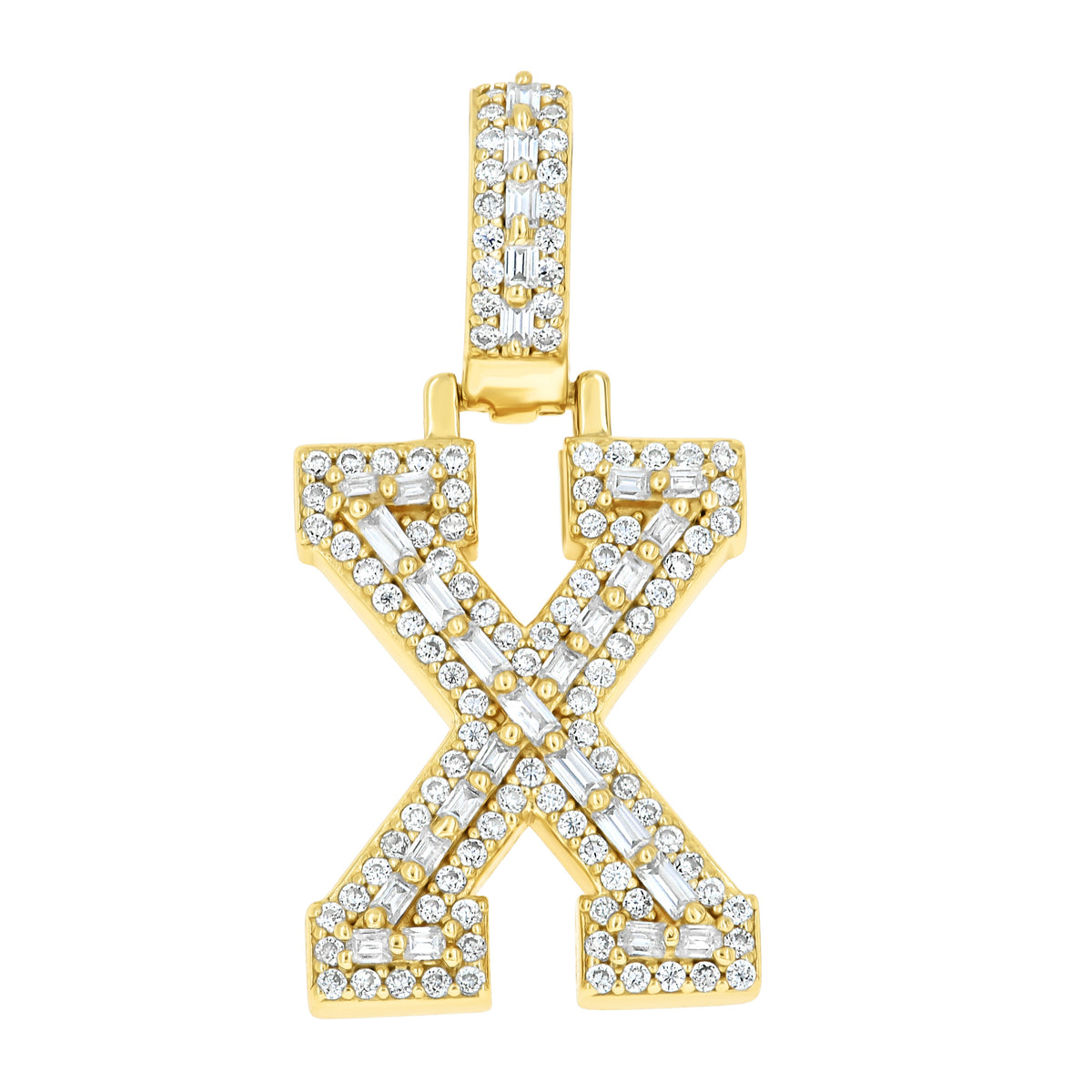 925 Sterling Silver Yellow-Tone Unisex Baguette Round 0.43ct, 0.58ct Moissanite Initial Alphabet X Charm Pendant