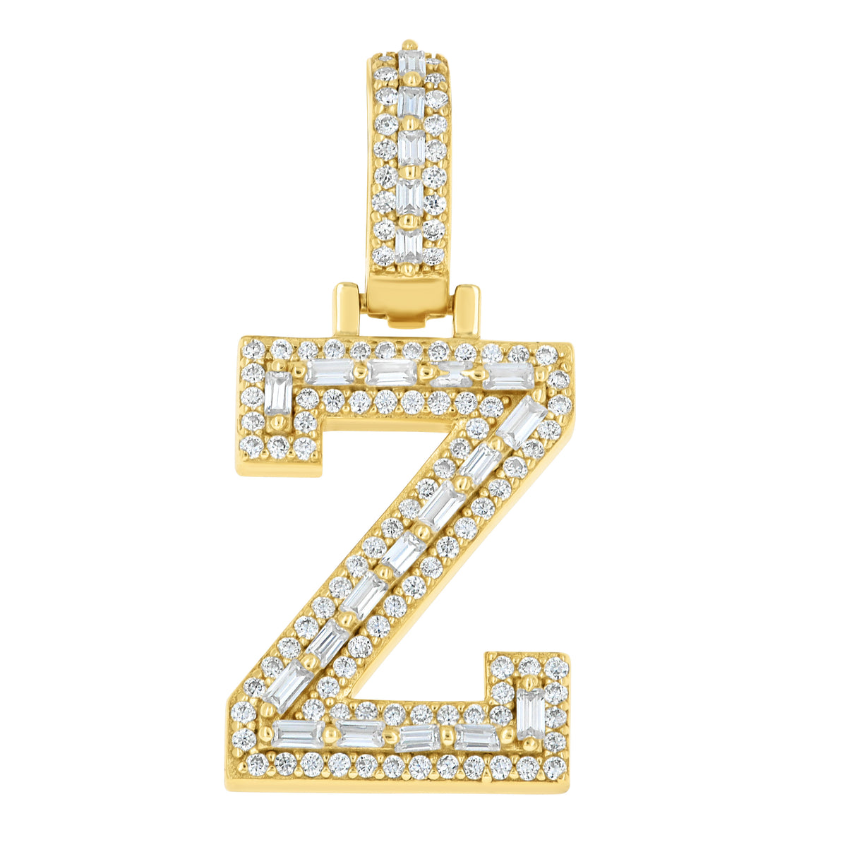 925 Sterling Silver Yellow-Tone Unisex Baguette Round 0.43ct, 0.57ct Moissanite Initial Alphabet Z Charm Pendant