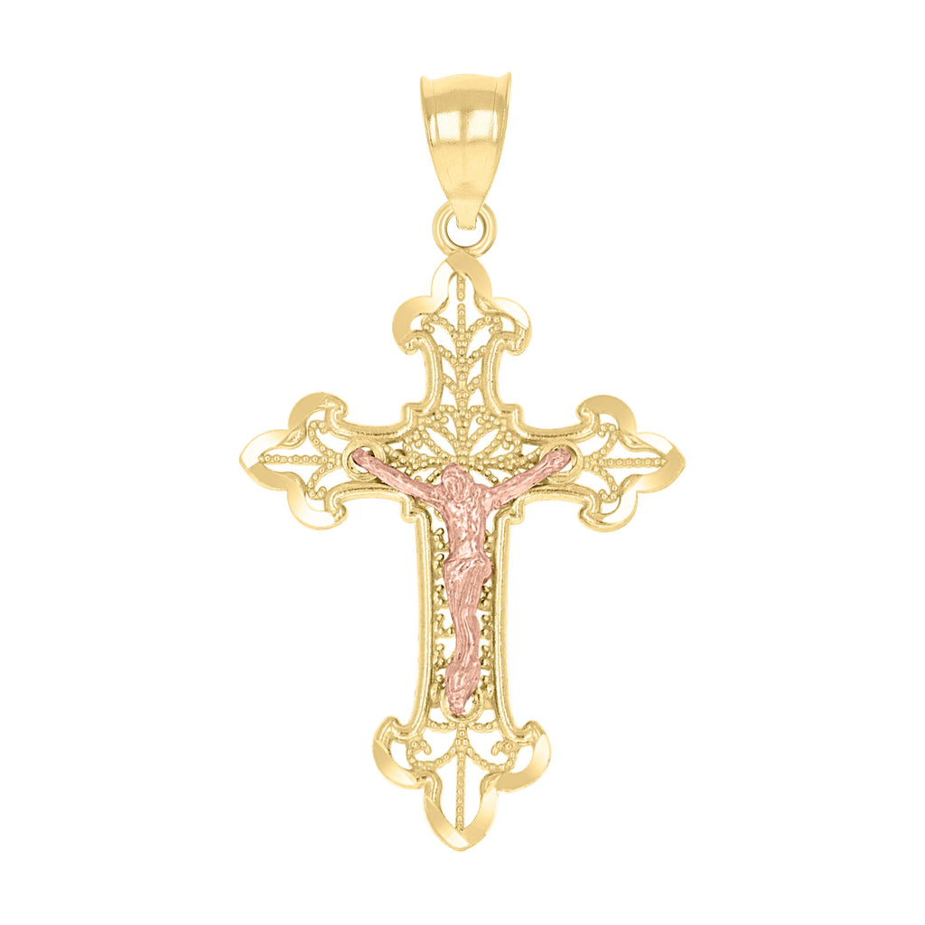 10K Gold Two-Tone Diamond-Cut Unisex Cross Crucifix Religious Charm Pendant