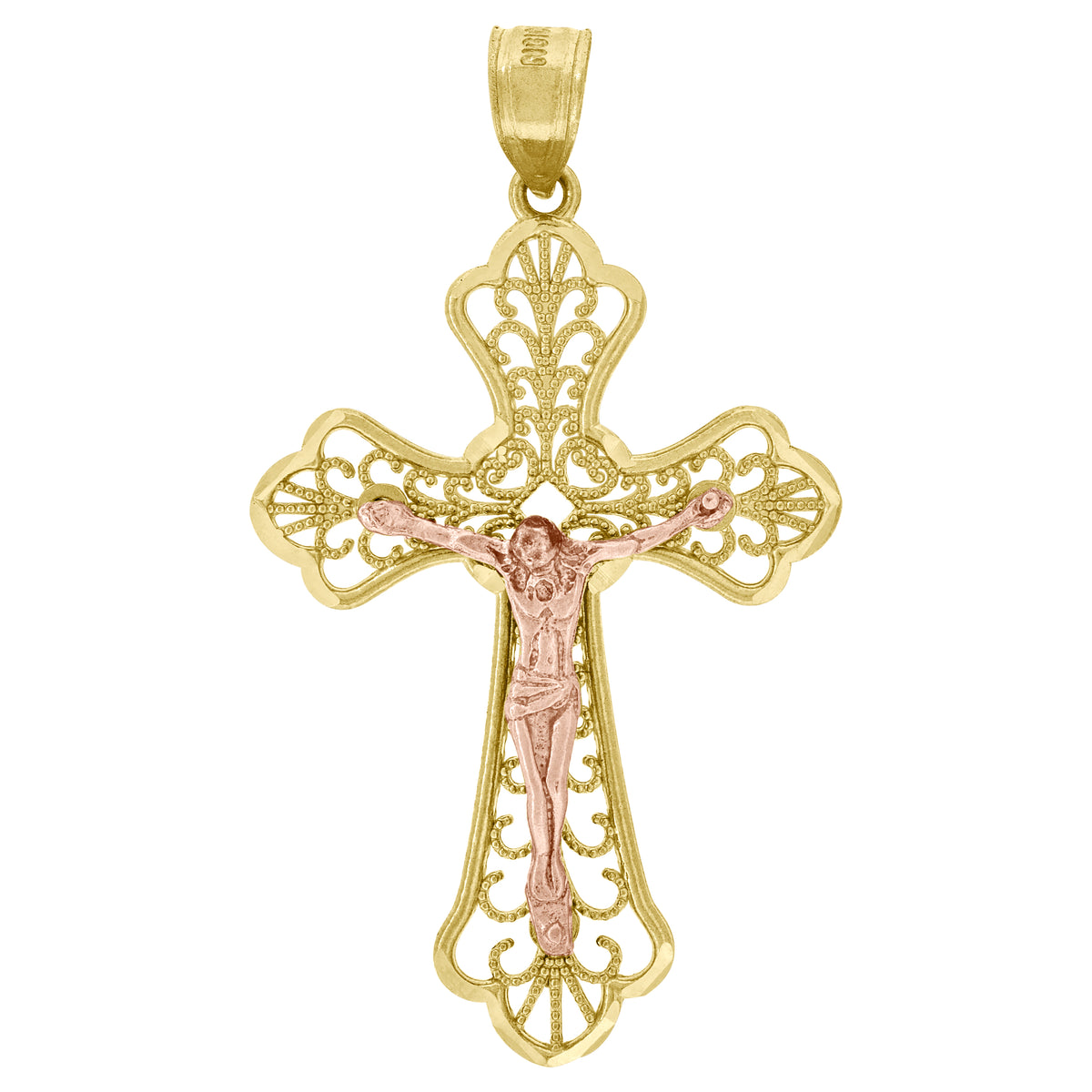 10K Gold Two-Tone Diamond-Cut Unisex Cross Crucifix Religious Charm Pendant
