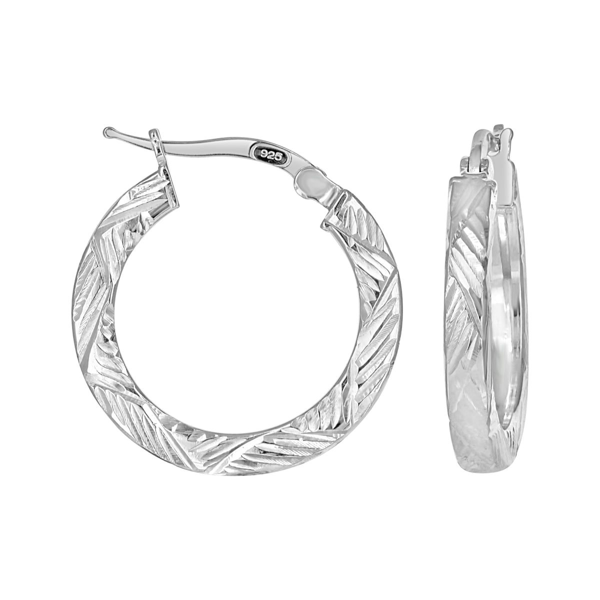 925 Sterling Silver Womens Diamond-Cut Patterned Square Tube Hoop Earrings