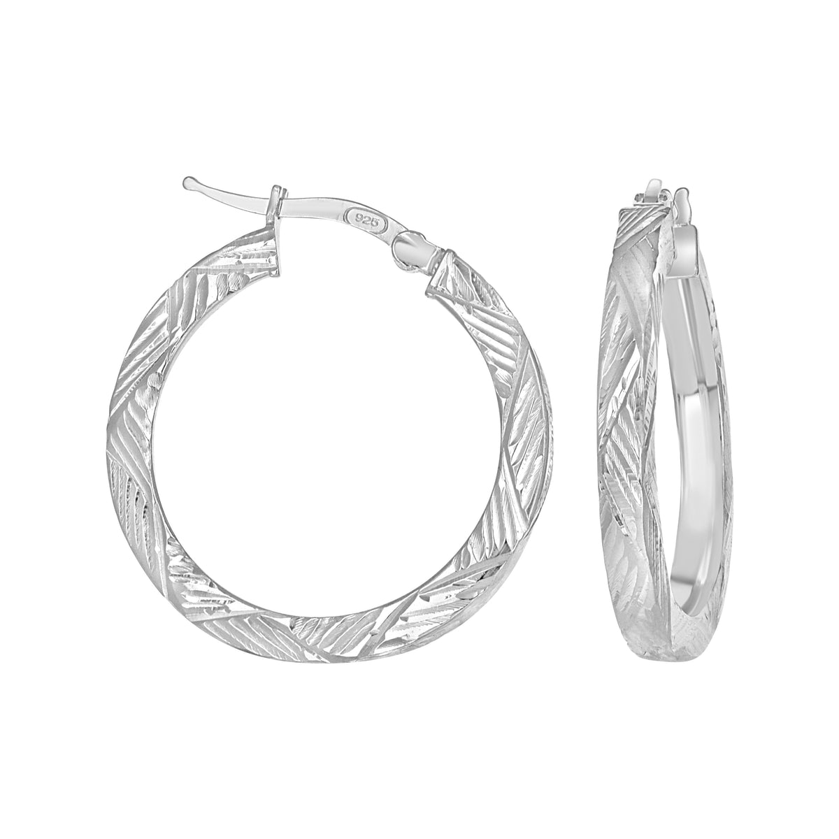 925 Sterling Silver Womens Diamond-Cut Patterned Square Tube Hoop Earrings