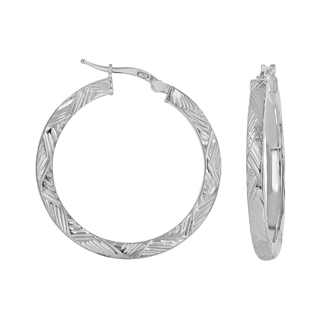 925 Sterling Silver Womens Diamond-Cut Patterned Square Tube Hoop Earrings