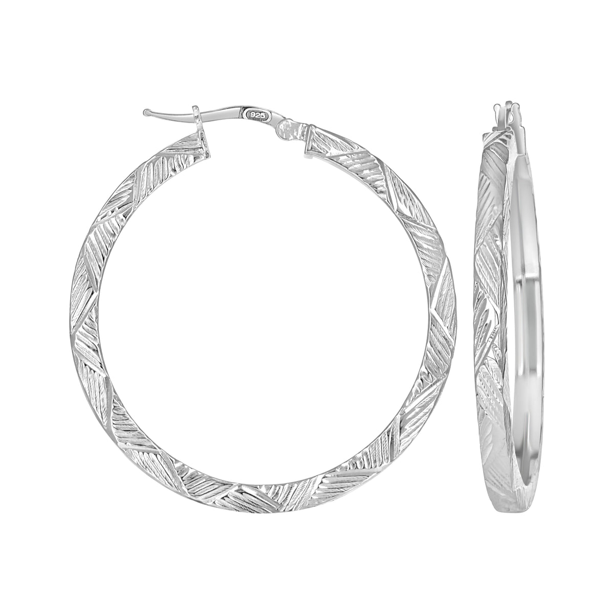 925 Sterling Silver Womens Diamond-Cut Patterned Square Tube Hoop Earrings