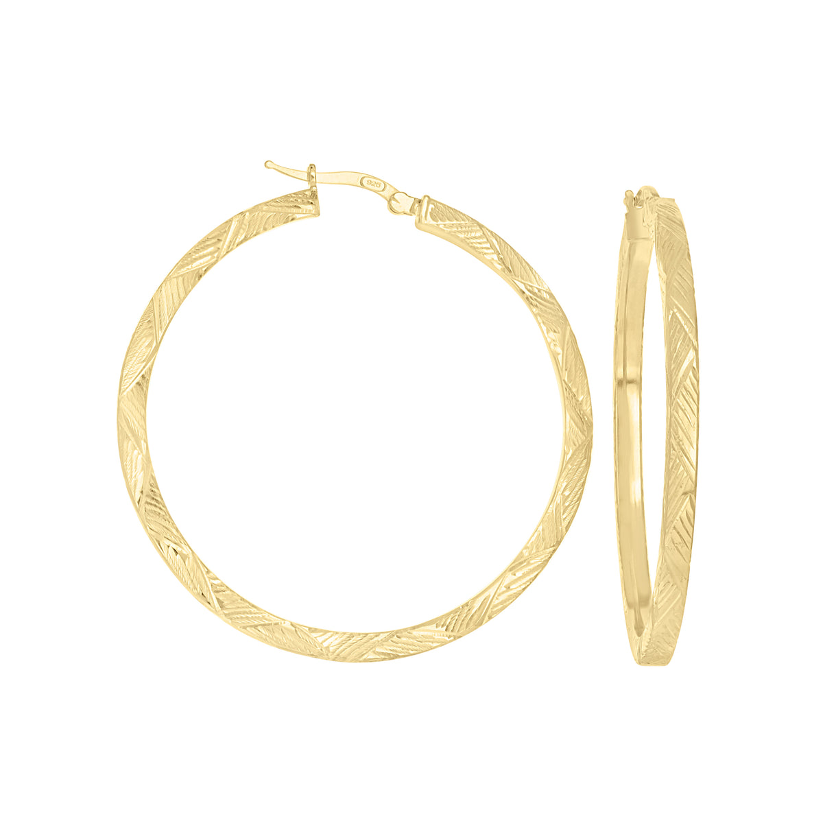 925 Sterling Silver Yellow-Tone Womens Diamond-Cut Patterned Square Tube Hoop Earrings