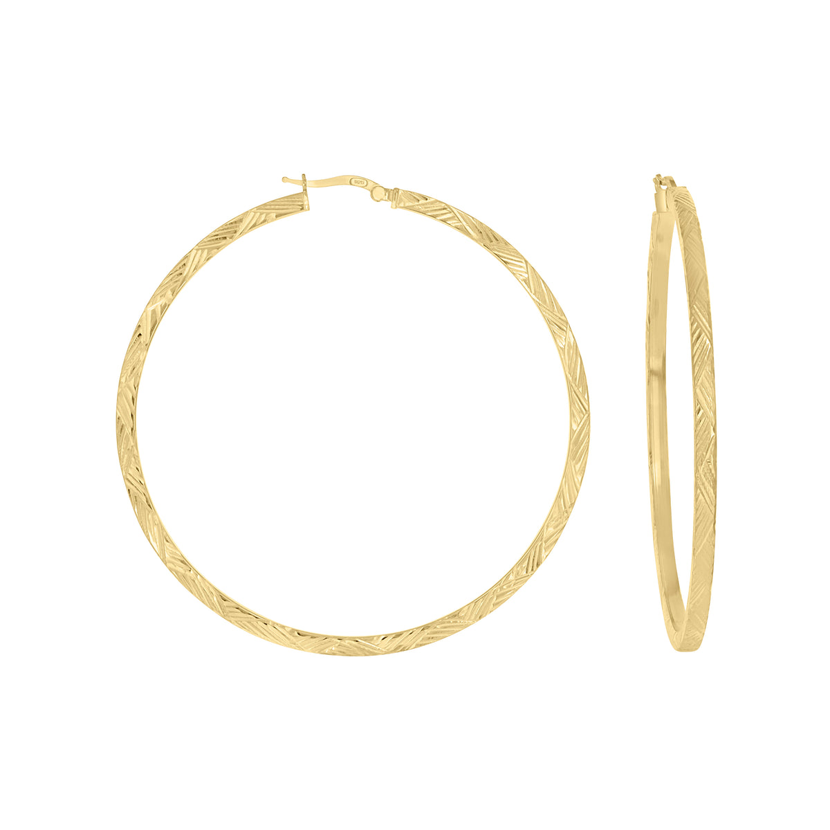 925 Sterling Silver Yellow-Tone Womens Diamond-Cut Patterned Square Tube Hoop Earrings